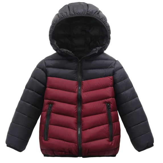 Kids Lightweight Down Jackets with Hood Long Sleeve Pockets Colorblock Full-zip Winter Hooded Coat for Boys Girls (16-17 Years, Wine)