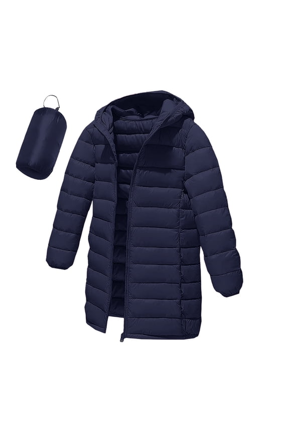 Kids Lightweight Puffer Jacket Packable Boys Girls Hooded Mid Length Full-zip Down Coat Winter Outerwear 4-12Y (10 Years, Navy)