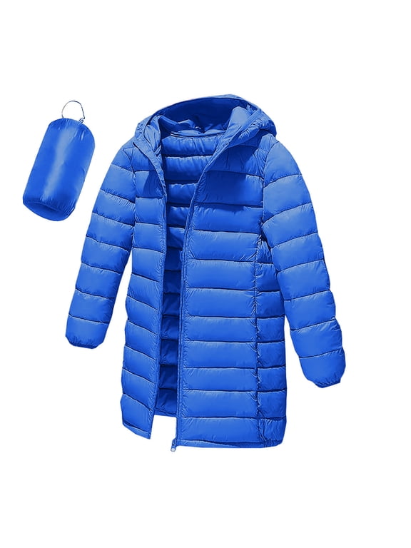 Kids Lightweight Puffer Jacket Packable Boys Girls Hooded Mid Length Full-zip Down Coat Winter Outerwear 4-12Y (4 Years, Blue)