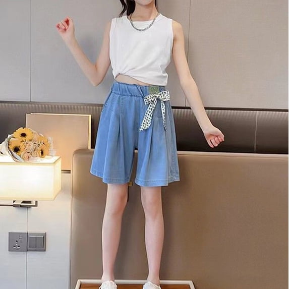 Kids Lightweight Tencel Jean Shorts, Elastic Waist Bow Accent Casual Shorts for Summer Vacation and Casual Outings Light Blue 120