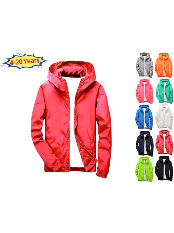Kids Lightweight Windbreaker Jacket Hooded Full Zip Water-Resistant Outdoor Coat Long Sleeve Casual Sportswear for Boys Girls (Ages 3-19 Years) School Daily Wear Fall Activities