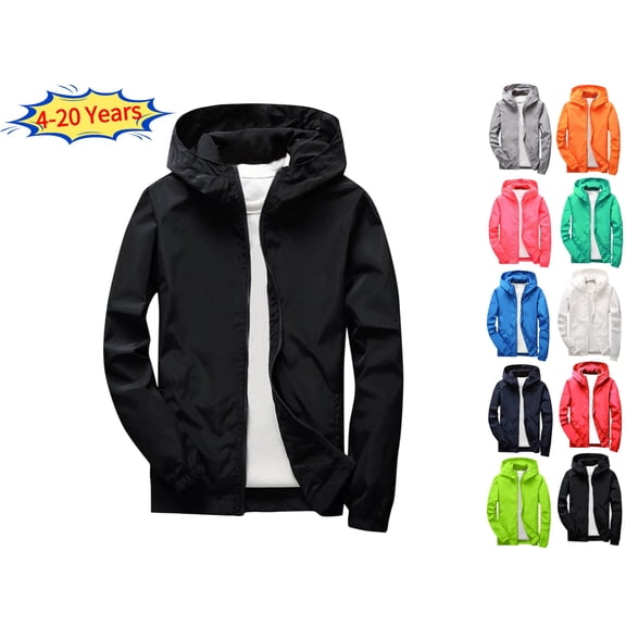 Kids Lightweight Windbreaker Jacket Hooded Full Zip Water-Resistant Outdoor Coat Long Sleeve Casual Sportswear for Boys Girls (Ages 3-19 Years) School Daily Wear Fall Activities