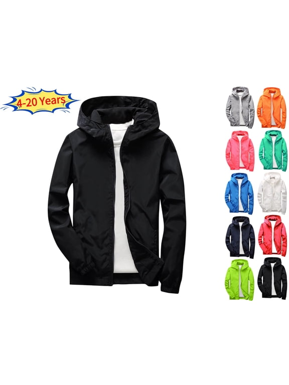 Kids Lightweight Windbreaker Jacket Hooded Full Zip Water-Resistant Outdoor Coat Long Sleeve Casual Sportswear for Boys Girls (Ages 3-19 Years) School Daily Wear Fall Activities