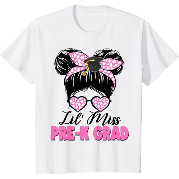 Kids Lil Miss Pre-K Grad Messy Bun Girl Graduation Last Day Kids T-Shirt