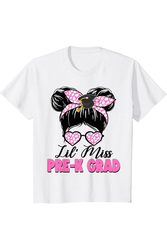 Kids Lil Miss Pre-K Grad Messy Bun Girl Graduation Last Day Kids T-Shirt