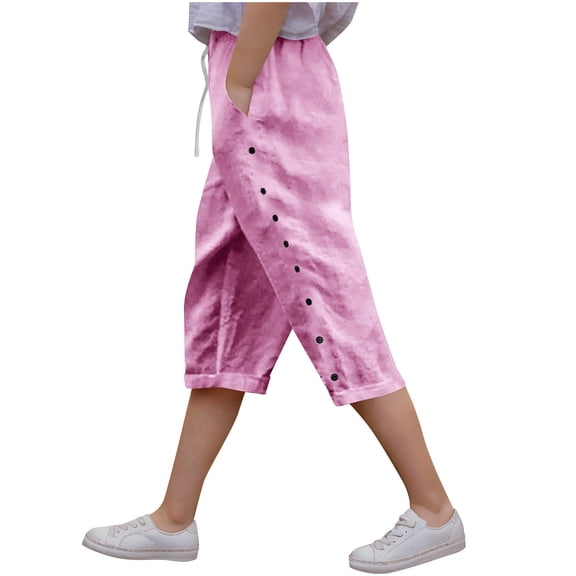 Kids Linen Capri Pants Girls Boys Wide Leg Loose 3/4 Pants with Pockets Casual Buttons Elastic Capris Slacks 6 Years, Pink