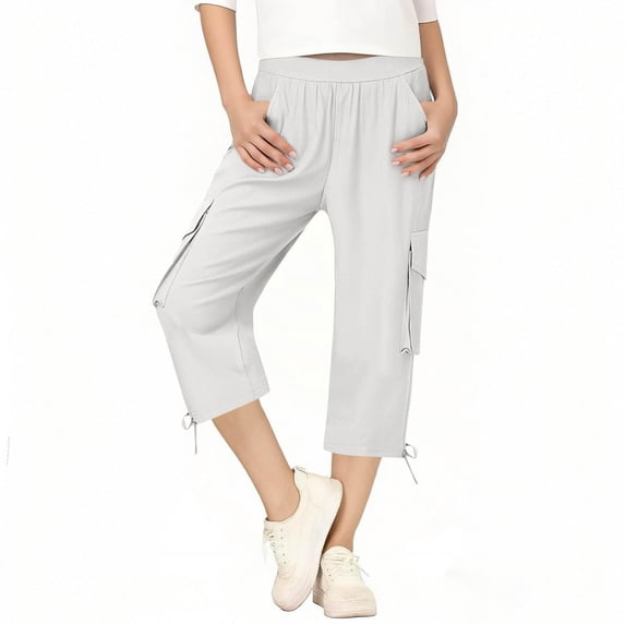 Kids Linen Look Capri Pants,Summer Solid Straight Leg with Elastic Waist for Classroom and Everyday Wear White 14-15 Years