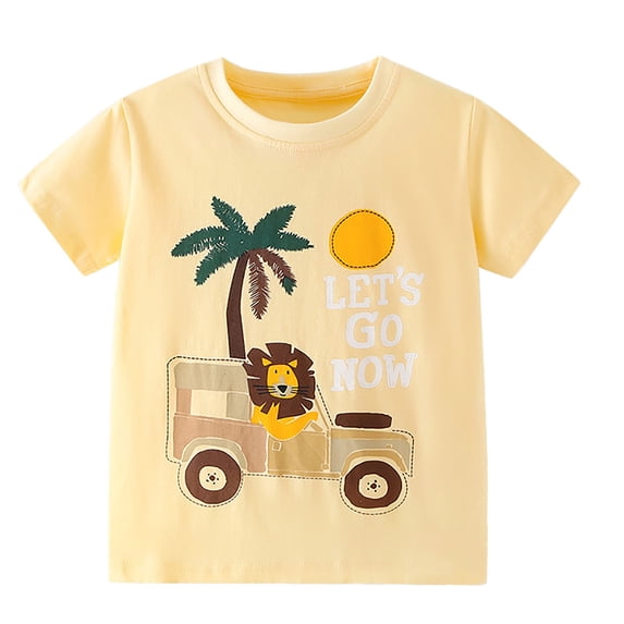 Kids' Lion Safari Adventure T-Shirt - Yellow Boys Graphic Tee with Cartoon Lion & Jeep "Let's Go Now" Short Sleeve Shirt,Size 7 T