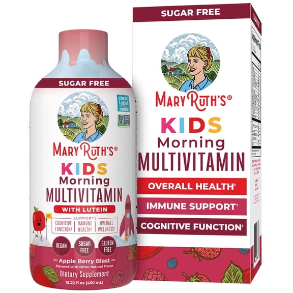 MaryRuth's Liquid Multivitamin with Lutein for Kids 1+, Immune Overall Health, Apple Berry Blast, Sugar-Free, Vegan, Gluten-Free, 15.22 fl oz