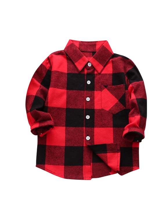 Kids Little & Big Boys Plaid Shirts Lapel Long Sleeve Button Down Buffalo Checkered Blouses with Pocket Casual Dress Shirts 3-10 Years