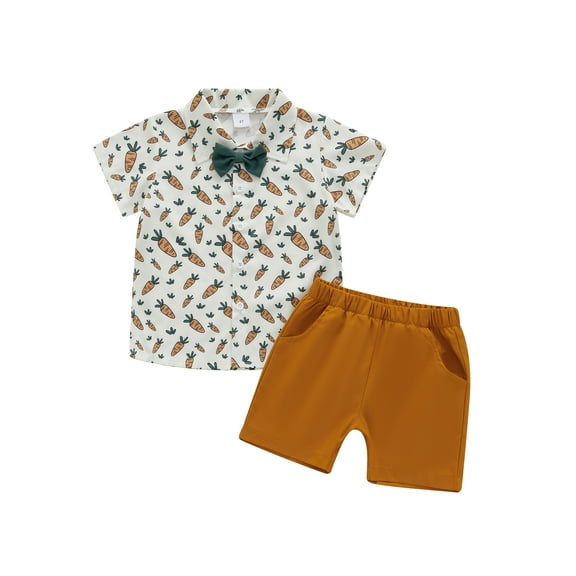 Kids Little Boy Easter Outfit Carrot Print Short Sleeve Lapel Button Down Shirt with Solid Color Shorts 2-6 Years Cute Clothes Set