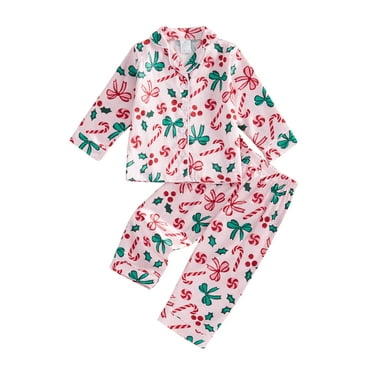 Kids Little Girl Christmas Pajama Sets 1 2 3 4 5 6 7 8 9 Years Bow/Candy Cane Print Lapel Neck Button-up Tops Long Pant Loungewear Sleepwear Outfits