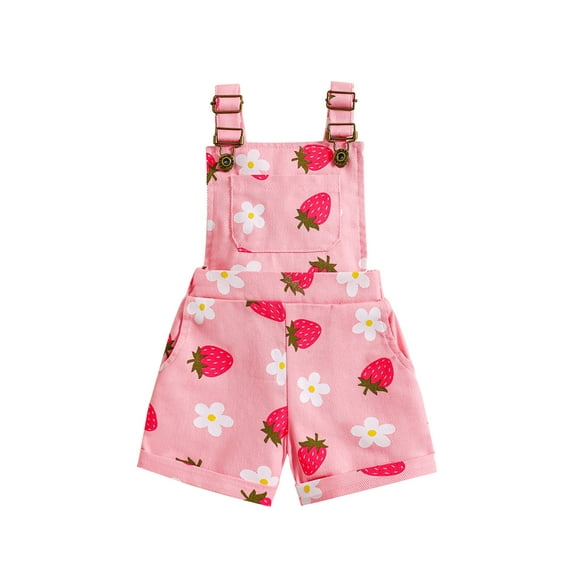Kids Little Girl Denim Overalls 6 12 18 24 Months 2T 3T 4T 5T 6T Flower/Strawberry Print Jeans Overalls Strap Suspender Shorts Outfit