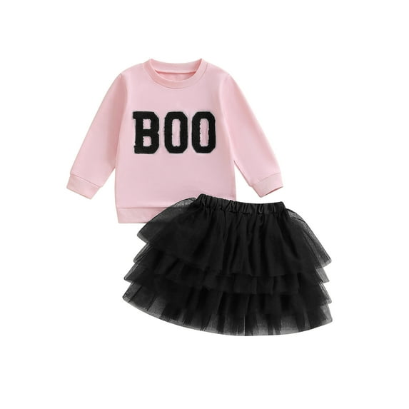 Kids Little Girl Halloween Outfit, 1 2 3 4 5 6 Years Letter Embroidery Long Sleeve Sweatshirt Elastic Waist Tulle Skirt 2 Piece Clothing Set for Fall