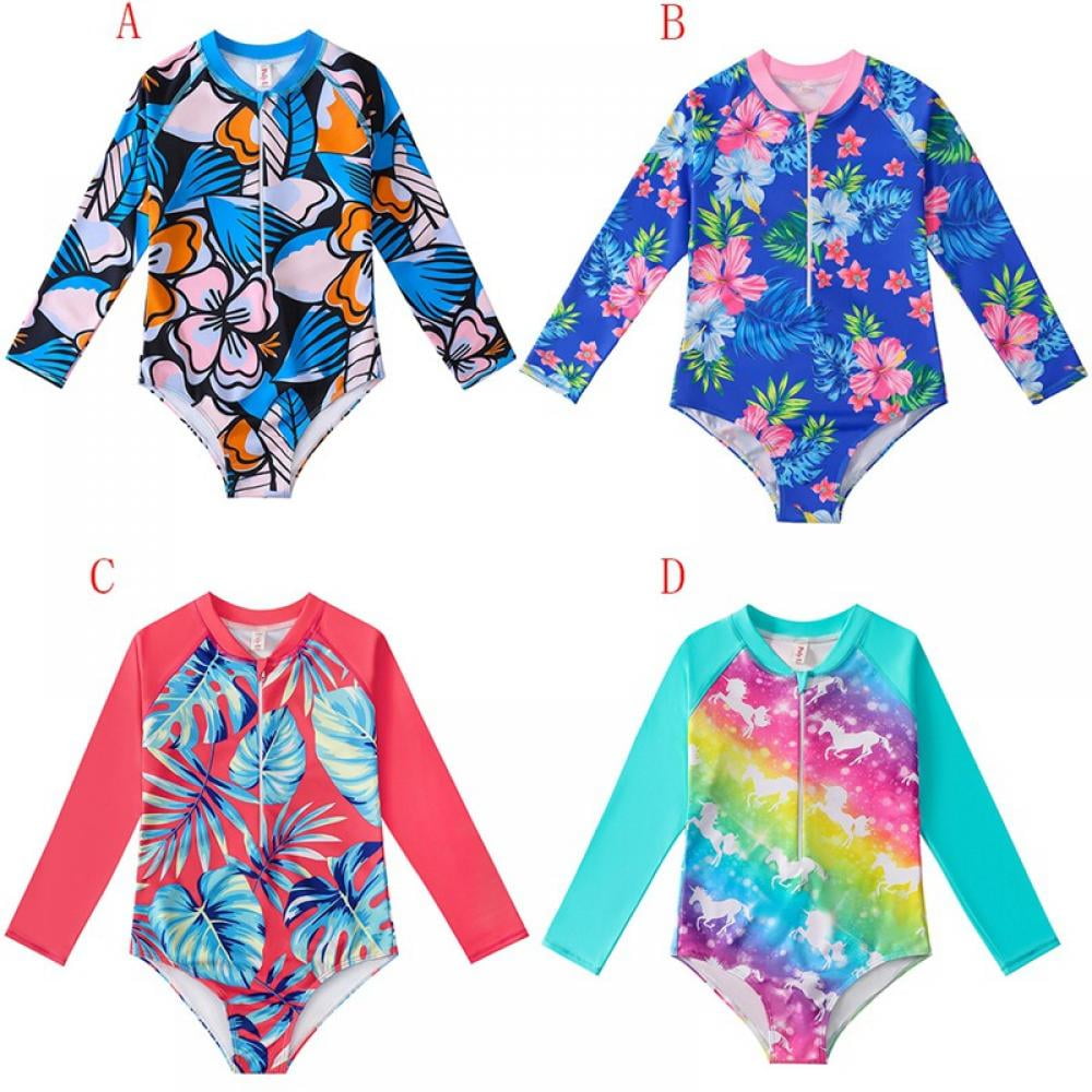 Kids Little Girl Swimsuit Long Sleeve Swimwear OnePiece Rash Guard