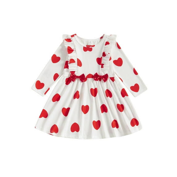 Kids Little Girls Dress 3 4 5 6 7 Years Heart Print Round Neck Long Sleeve Casual Dress Fall Princess Valentine's Day Dress