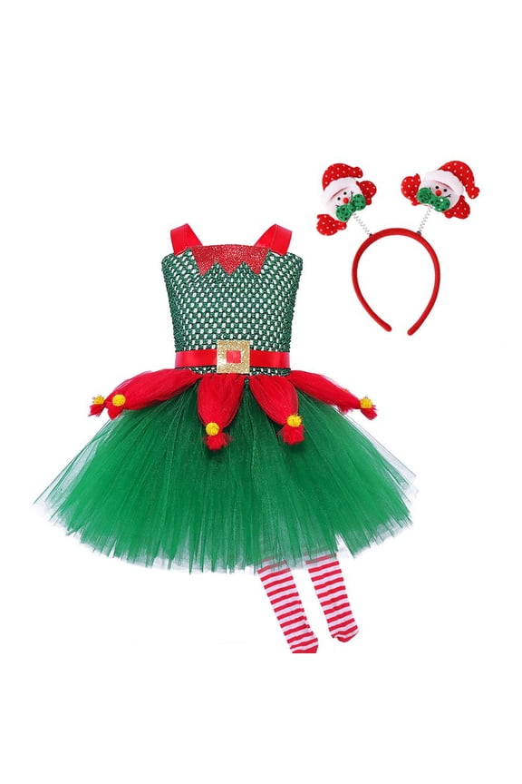 Kids Little Girls Sequin Tutu Christmas Holiday Santa's Elf Costume Xmas Festive Dress Pant Hat Outfits