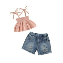 Kids Little Girls Shorts Clothing Set, 12 18 24 Months 2T 3T 4T 5T Tie-up Pleated Camisole with Ripped Denim Shorts Summer 2-piece Outfit