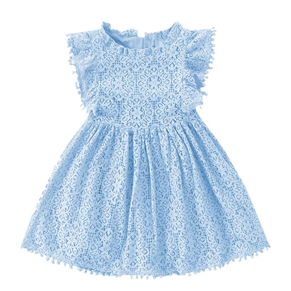 Kids Little Girls Sweet Dress Solid Color Crewneck Fly Sleeve Pleated A Line Tute Dress Summer Casual Comfy Cute Swing Sundress