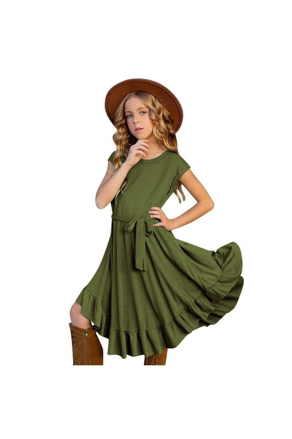 Kids Little Girls Vintage Dress Solid Short Sleeve Ruffles Swing Retro Rockabilly Dresses 7-12Y Party Dresses Clothes Easter Dress for Girls Size 6 4t Girl Dress