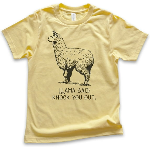 Kids Llama Said Knock You Out Shirt, Youth Kids Boy Girl T-Shirt, Funny Animal Tee, Llama Pun Shirt, Hip Hop Tee, Yellow, Medium
