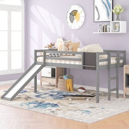 Kids Loft Bed with Slide Twin Bed with Slide, Ladder and Chalkboard, No Box Spring Needed, Multifunctional Space Saving Kids Bed Frame for Boys, Girls, Children(Gray)