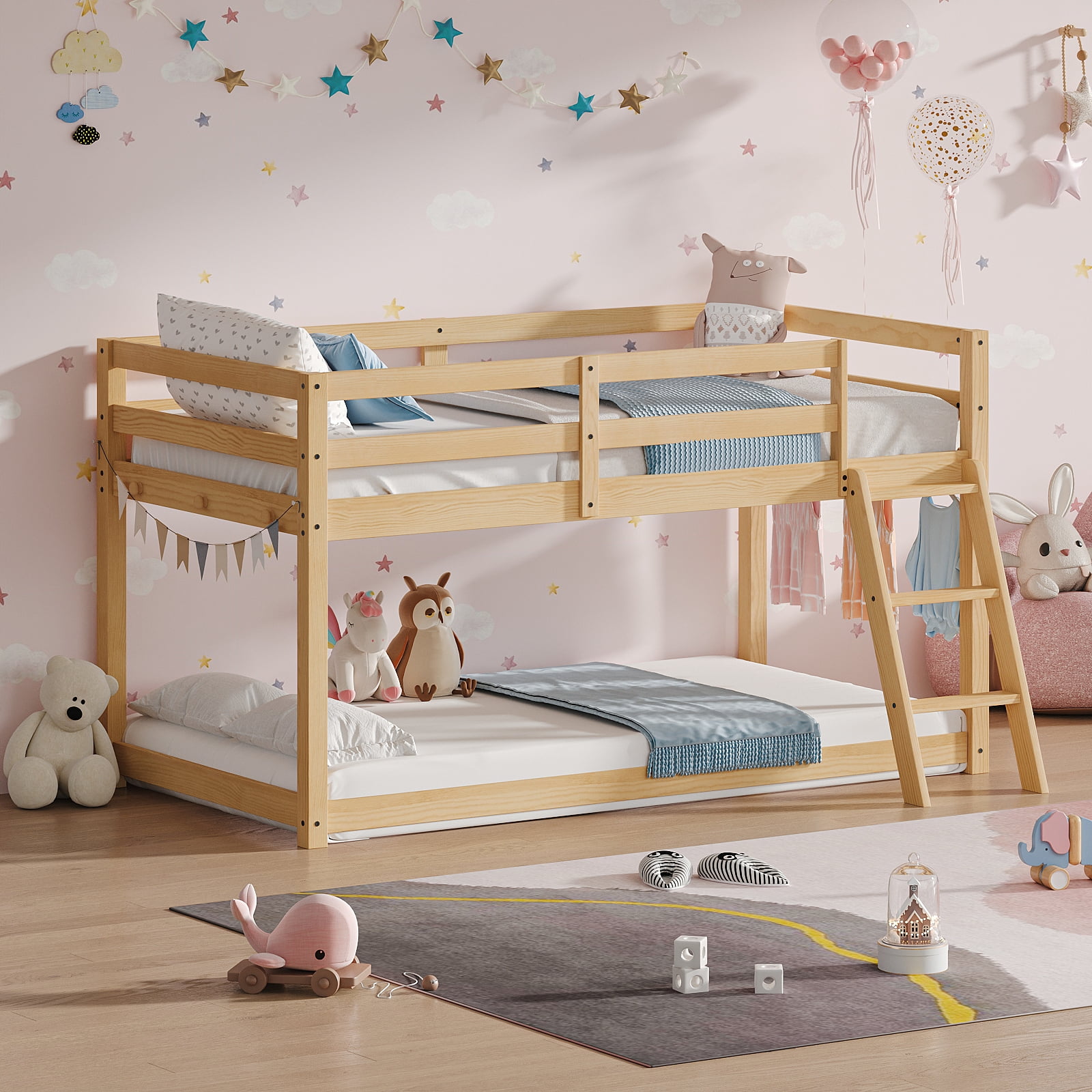 Kids Loft Bed, Twin Low Loft Bed - Solid Wood Convertible Bed with LED Strip Lighting and 6 Wooden Hooks, Transforms to Bunk Bed, Safe for Kids Room, Easy Assembly, Oak Finish