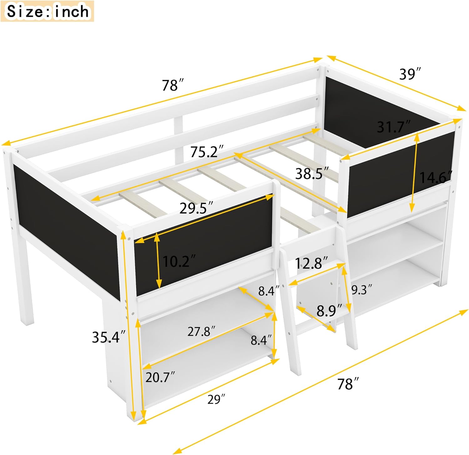 Kids Loft Bed with Movable Shelves and Chalkboard | Solid Pine Wood ...