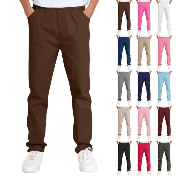 Kids Long Pants Slim Straigh Elastic Waist Flat Front Uniform Pants for Boys Girls Stretch Comfort Casual Dress Trousers with Pockets 5-14 Years