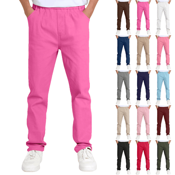 Kids Long Pants Slim Straigh Elastic Waist Flat Front Uniform Pants for Boys Girls Stretch Comfort Casual Dress Trousers with Pockets 5-14 Years