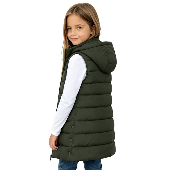 Kids Long Puffer Vest Girls Boys Hooded Sleeveless Padded Jacket Zip Up Stand Collar Quilted Coats Fall Winter Fashion Warm Lightweight Cozy Vests Outerwear with Pockets Army Green 7-8 Years