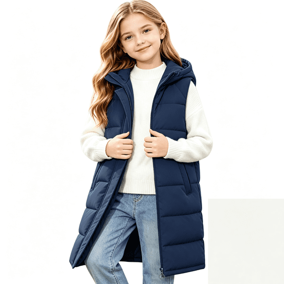 Kids Long Puffer Vest Hooded Sleeveless Zip Up Winter Coat with Pockets Size 10-12