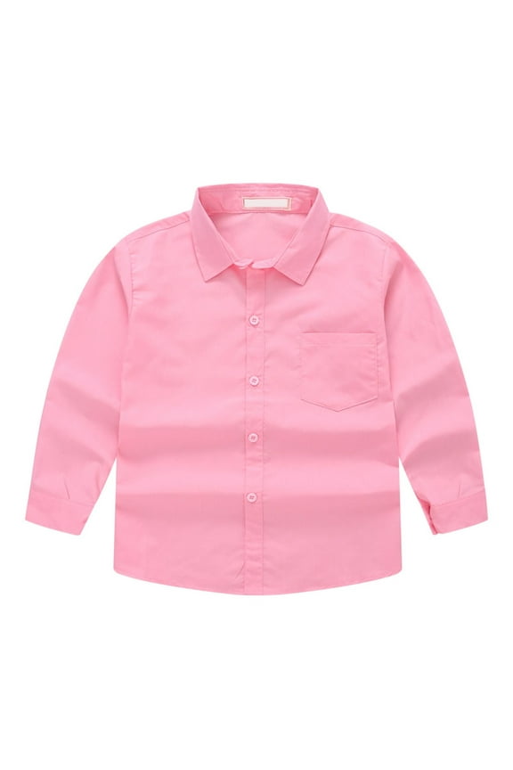 Kids Long Sleeve Button Shirts, Little Boys Casual Dress Shirts with Pockets Solid Lapel Neck Collared Casual Blouses Tops 5-14 Years Pinks 5-6T