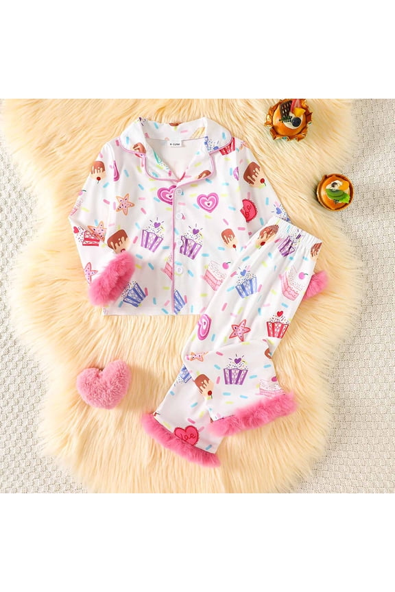 Kids Long Sleeve Cartoon Print Homewear Set Soft Comfortable Loungewear 2 Piece Outfit For Birthday Party Daily Wear Home Casual Homewear Clothing,Pink,4Y