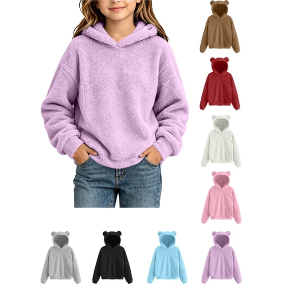 Kids Long Sleeve Hooded Top, Cute Bear‑Ear Soft Fuzzy Pullover with Pockets, Thick Warm Casual Winter Sweatshirt for Boys Girls