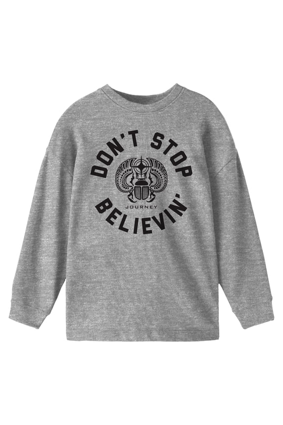 Journey Don't stop believin' logo and scarab with horn on Athletic Heather Long Sleeve Youth T-Shirt-XS