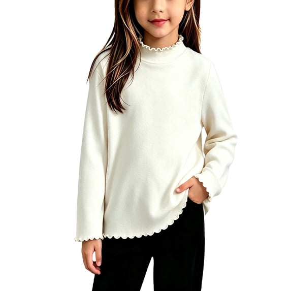 Kids Long Sleeve Shirt Girls 10-12 Casual Lettuce Trim Mock Neck T-Shirts for Kids Girls Fall Basic Top for Girls Cotton Girls Layer Top