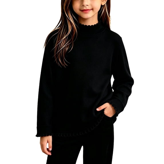 Kids Long Sleeve Shirt Girls 10-12 Casual Lettuce Trim Mock Neck Tee for Girls Winter Basic Girls Tops Casual Girls Layer Top