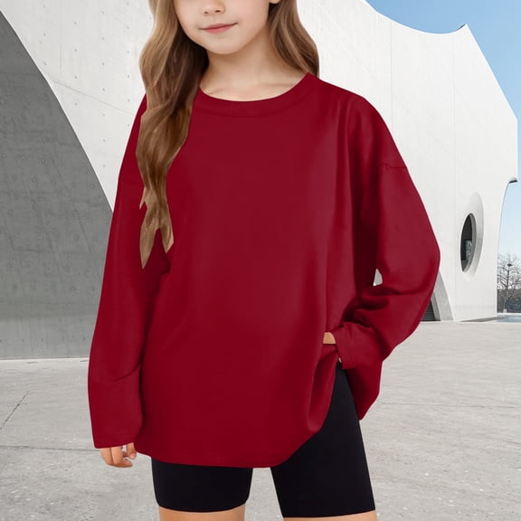 Kids Long Sleeve Shirt for Girls Wine Color Round Neck Top Soft Cotton Basic Casual Tee Fall Winter Everyday Wear,Size 10 T