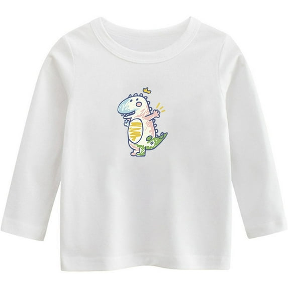 Kids Long Sleeve Shirts Cotton Casual Cartoon Dino Printed Crewneck Sweatshirt Pullover Top, 3-10 Years Old (9-10T, White)