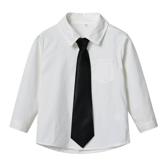 Kids Long Sleeve Shirts Lapel Button Down Solid Color Tops Spring Fall Preppy Style Casual Outfits With Tie (1-2 Years, White)