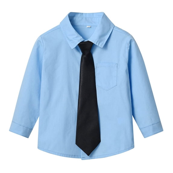 Kids Long Sleeve Shirts Lapel Button Down Solid Color Tops Spring Fall Preppy Style Casual Outfits With Tie (5-6 Years, Blue)