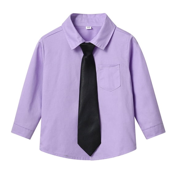 Kids Long Sleeve Shirts Lapel Button Down Solid Color Tops Spring Fall Preppy Style Casual Outfits With Tie (5-6 Years, Purple)