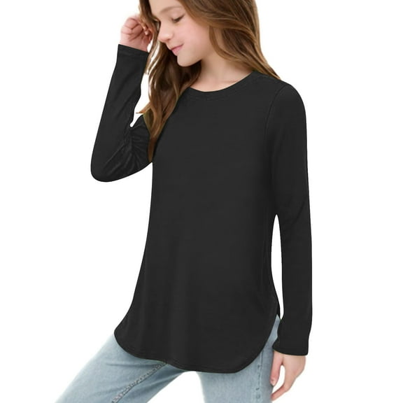 Kids Long Sleeve Tshirt Girls Solid Color Tee Shirts Side Split Hem Tops Casual Tunic Shirts Children Clothes
