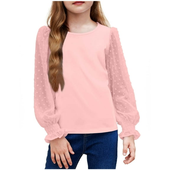 Kids Long Sleeve Tshirts Chiffon Lightweights Blouses Girls Round Neck Pullover Tops Casual Jacquard Dressy Outfits Clothing,01_Pink