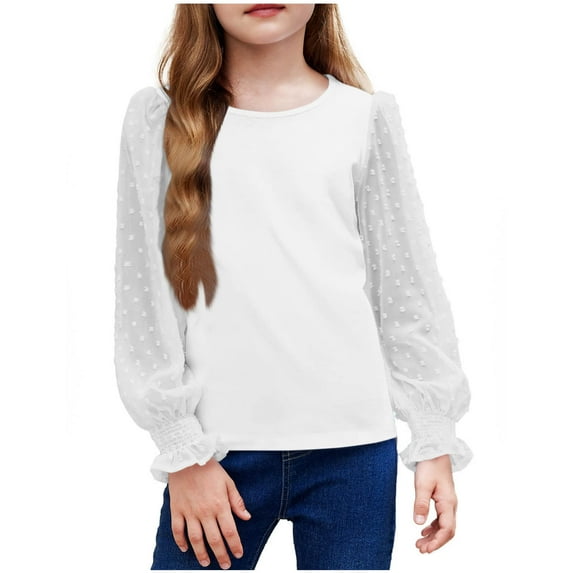 Kids Long Sleeve Tshirts Chiffon Lightweights Blouses Girls Round Neck Pullover Tops Casual Jacquard Dressy Outfits Clothing,01_White