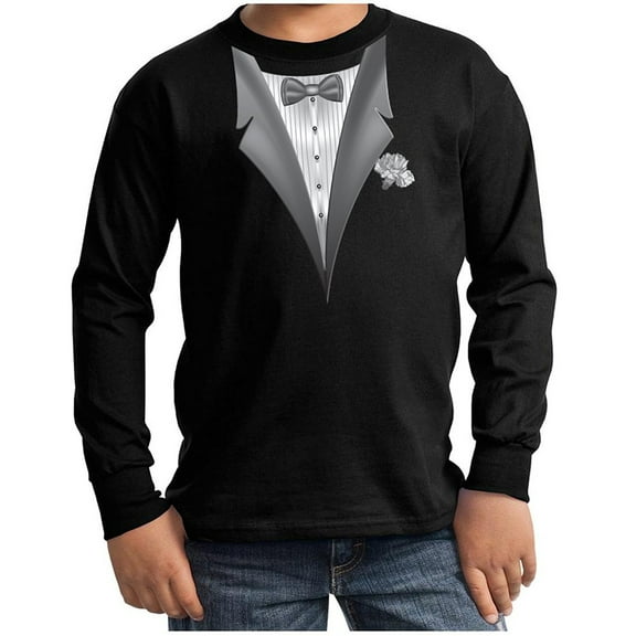 Kids Long Sleeve Tuxedo Tux Shirt - Black, Small (6-8)