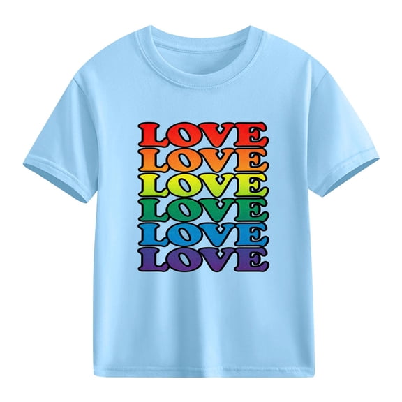 Kids Love Rainbow T-Shirt | Girls Short Sleeve Cotton Casual Top with Positive Slogan Blue,Size 4 T