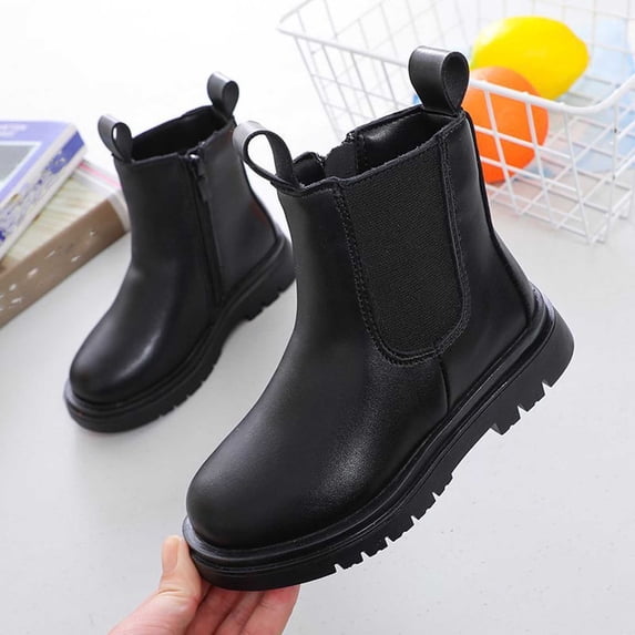 Kids Low-Cut Leather Walking Boots, Flexible Soft Sole Non-Marking Bottom Outdoor Daily Sports Sneaker-Style Boots for Children Black 12 Little Kids