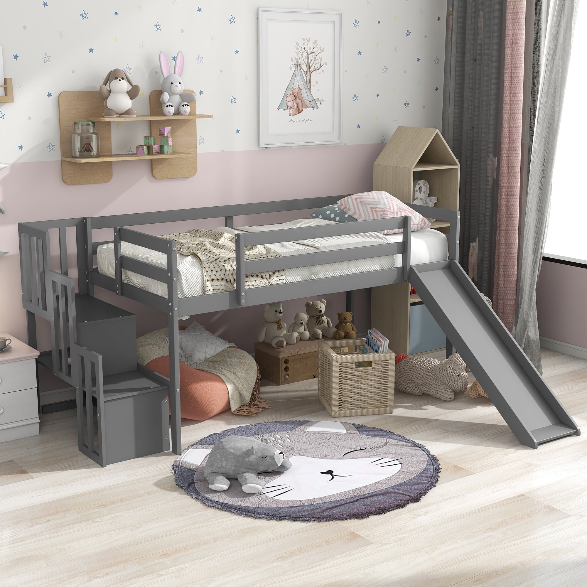 Kids Low Loft Bed with Slide and Storage, Twin Loft Bed Frame with
